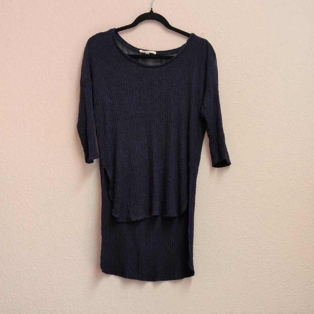 Elegant Navy Blue Women's Top With High Low Hemline And Sheer Back Panel